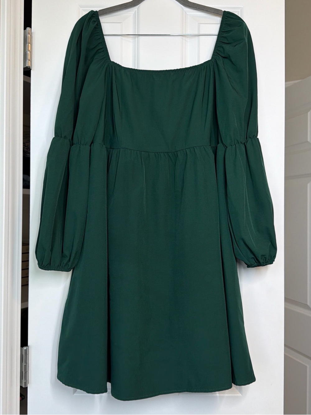 Amazon Deep Green Square Neck Long Sleeve Puff-Sleeve Dress